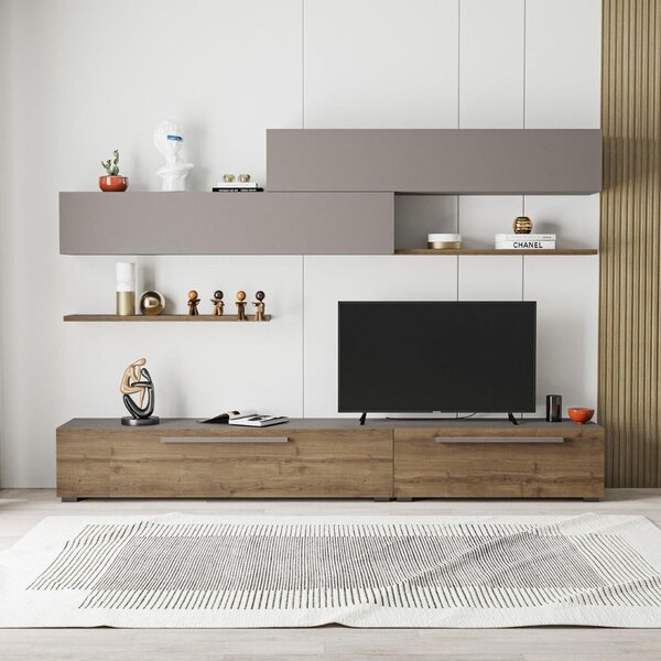 DecHome Parete Attrezzata Moderna Mobile TV + 2 Mobili a Parete + 2 Mensole Dimensioni 260x42x35,8 cm colore Noce Tortora - Kombat