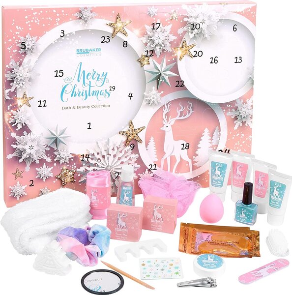 Calendario dell'Avvento di bellezza BRUBAKER Cosmetics 24 x prodotti per la cura del corpo e accessori per la spa - il calendario di Natale del benessere XXL per donne e ragazze - Stelle e fiocchi di neve rosa