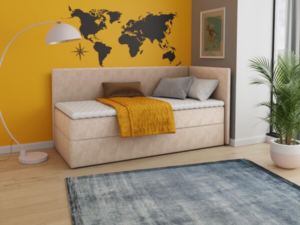Letto boxspring Flame con contenitore - Letto singolo con materasso Bonell e topper, letto imbottito, sponda universale, letto, camera da letto, cameretta (Beige (Paros 02), 80 x 200 cm)