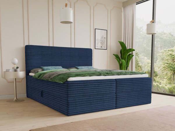 Letto boxspring Mollo con 2 cassetti, letto matrimoniale con materasso Bonell e topper, letto imbottito in morbido velluto a coste, letto, letto box, struttura letto per camera da letto (blu (Tilia 77), 160 x 200 cm)