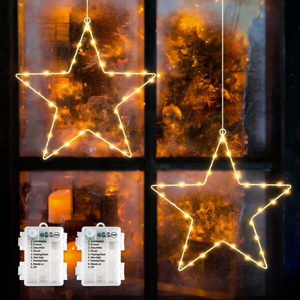SALCAR 2 pezzi 60 LED luci fiabesche LED stella decorazione finestra Stella di Natale illuminata a batteria Appendere 8 modalità con timer e memoria Bianco caldo