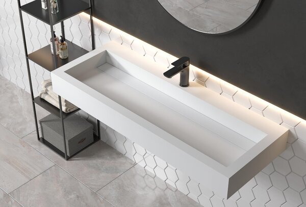 Lavabo da appoggio a parete, modello PB2079, realizzato in resina minerale, dimensioni 120 x 46 x 13 cm, colore bianco opaco