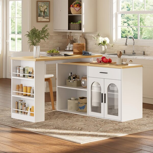 Isola da cucina con piano girevole a 360°, dimensioni 136x50x78 cm, dotata di cassetto, ripiani e ante in vetro, colore bianco, adatta per cucina e sala da pranzo
