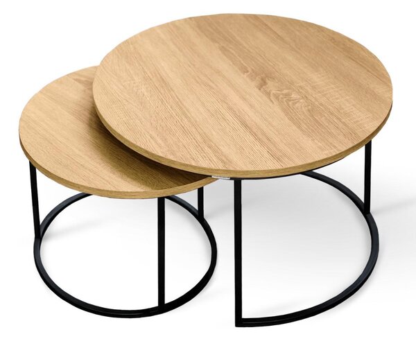 Holz4home® Set da 2 tavolini da salotto in MDF rovere Sonoma | Tavolino rotondo in stile industriale | Struttura in metallo verniciata a polvere | Tavolino da salotto combinato