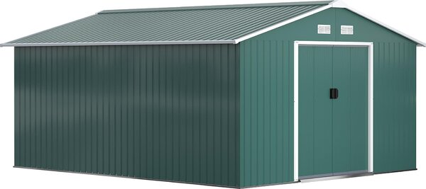 Casetta da giardino Outsunny da 12,4 m² con tetto a due falde, porta scorrevole, fondamenta verdi