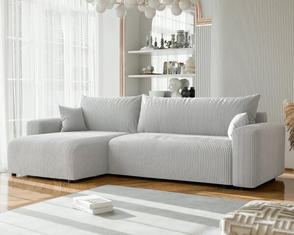 Divano ad angolo imbottito PIANO XL con funzione letto e contenitore per letti, divano in velluto, pouf, divano letto universale, grigio, Poso 110