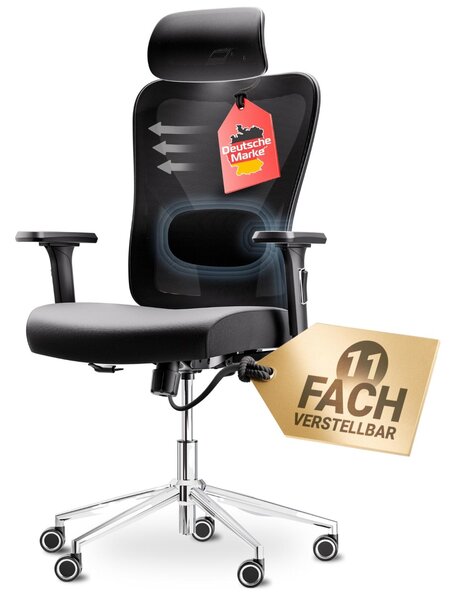 Sedia da ufficio ergonomica LUTIVO Alpha [ORIGINALE] Sedia da scrivania ergonomica con 11 impostazioni di comfort | Sedia da gaming e sedia girevole (nera)