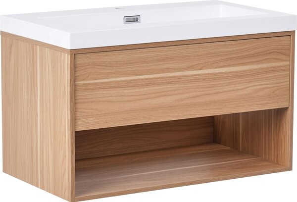 BELIANI Mobile da bagno con lavabo, marrone chiaro, finitura effetto legno, mobile da bagno, spazio contenitivo, lavabo in resina, 80 cm, design moderno