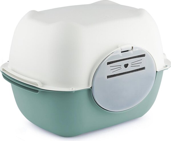 Rotho Lettiera con coperchio Bella – 56 x 39,5 x 38 cm – Lettiera con sportello a battente e filtro a carboni attivi – inodore e realizzata in plastica riciclata