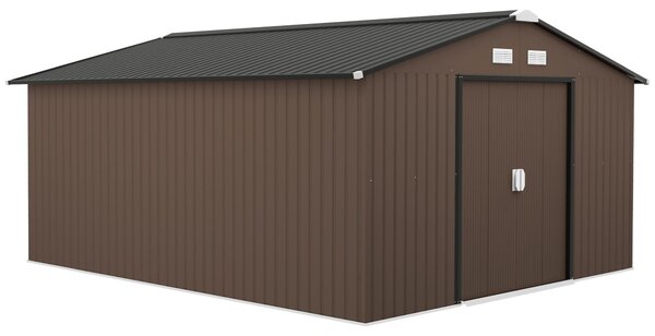 Casetta da giardino Outsunny da 12,4 m² con tetto a due falde, porta scorrevole e fondamenta, colore marrone