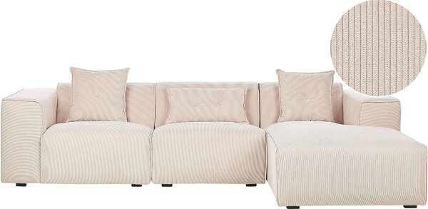 BELIANI Divano angolare beige rivestito in velluto a coste 3 posti lato sinistro cuscini aggiuntivi soggiorno moderno