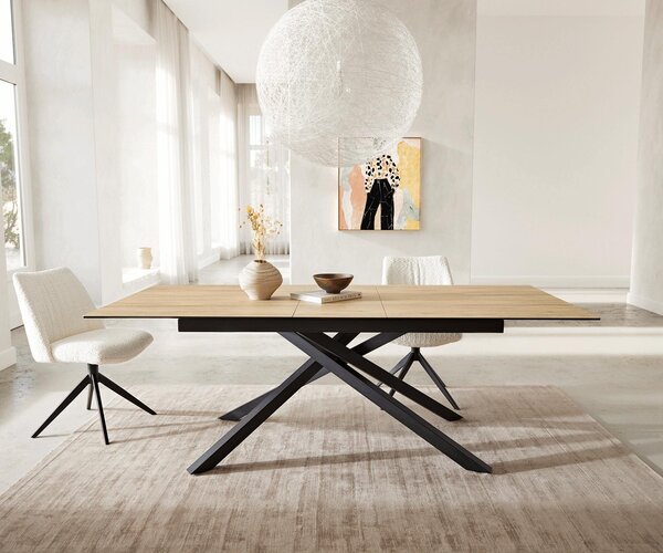 Tavolo da pranzo DELIFE Edge 180-220x100 in Vetroceramica Laminam® Sabbia color rovere con struttura a croce rettangolo nero allungabile