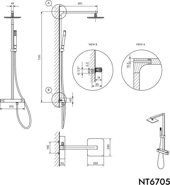 Colonna doccia NT6705C - Termostatica - Ottone - Cromo - Soffione quadrato, opzionale - Dimensioni a scelta, soffione quadrato: 40x40 cm