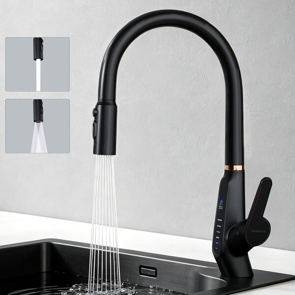Mai & Mai Rubinetto da cucina Rubinetto miscelatore da cucina estraibile ruotabile a 360° 3 modalità di getto d'acqua Display digitale a LED Rubinetto da cucina Miscelatore per lavello nero 8085