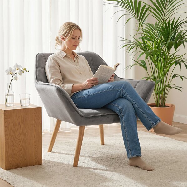 HOMCOM Poltroncina Stile Nordico in Legno ed Effetto Velluto Grigio per Soggiorno o Ufficio, 64x62x72.5 cm|Aosom