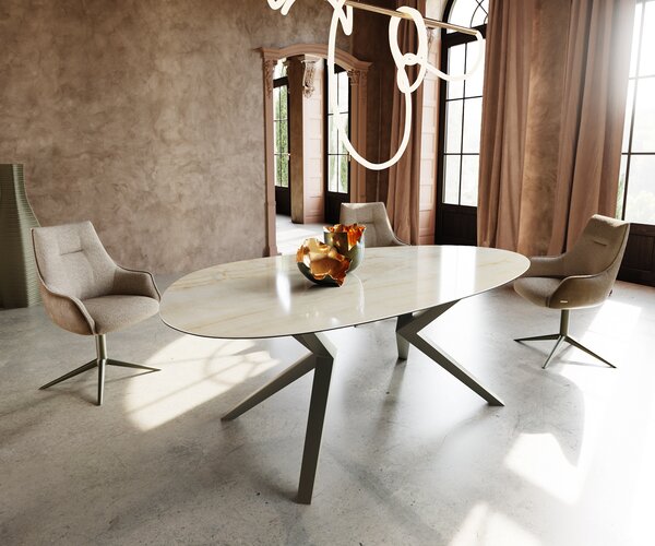 DELIFE Tavolo da pranzo Edge ovale, 220x120 cm, piano in Vetroceramica Iris FMG, finitura Onice Oro, gambe Zenthara, design geometrico, metallo con effetto titanio