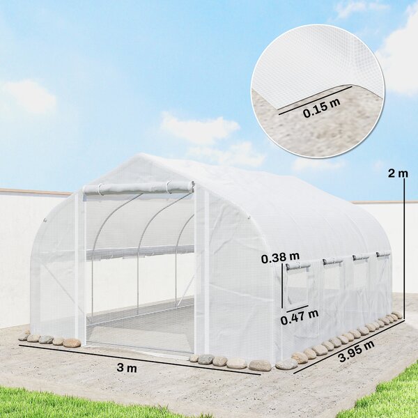 Outsunny Serra per Orto 3.95x3x2m Struttura in Acciaio e Copertura in PE Anti-UV con 8 Finestre, Porta e 2 Pareti Laterali Avvolgibili, Bianco|Aosom