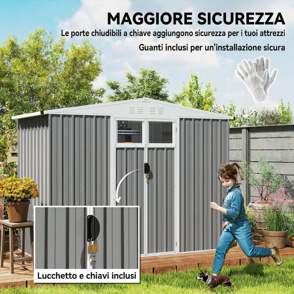Outsunny Capanno da Giardino Porta Attrezzi in Acciaio Zincato con 2 Porte, 246x117x180 cm, Grigio Chiaro | Aosom Italy