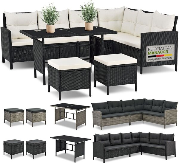 Juskys Polyrattan Lounge Manacor - Divano, tavolo, sgabello e cuscini - Nero e crema