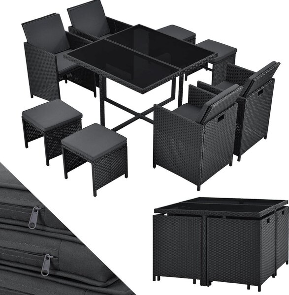 Juskys gruppo di sedute in polyrattan Baracoa L 9 pezzi resistenti alle intemperie e impilabili - set di mobili da giardino con 4 sedie, 4 sgabelli e tavolo per giardino e terrazza