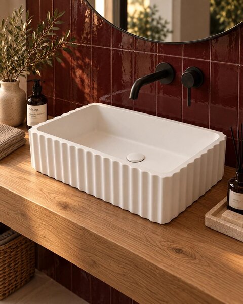 Lavabo 50x30 cannettato rettangolare da appoggio in cemento bianco opaco Atene