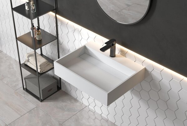 Lavabo da appoggio PB2080 in resina minerale - 60 x 46 x 13 cm - Bianco opaco