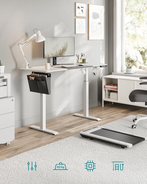 SONGMICS Scrivania regolabile in altezza elettricamente, 140 cm, con funzione di memoria a 4 livelli di altezza, bianco classico