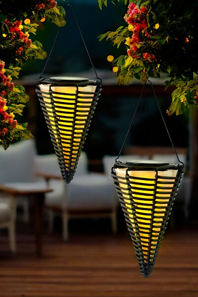 Set di 2 luci solari a sospensione a LED per esterni in look rattan con luce bianca calda e tremolante Lampade solari a sospensione ad alimentazione solare Resistenti alle intemperie e senza fili per giardino, balcone e terrazza