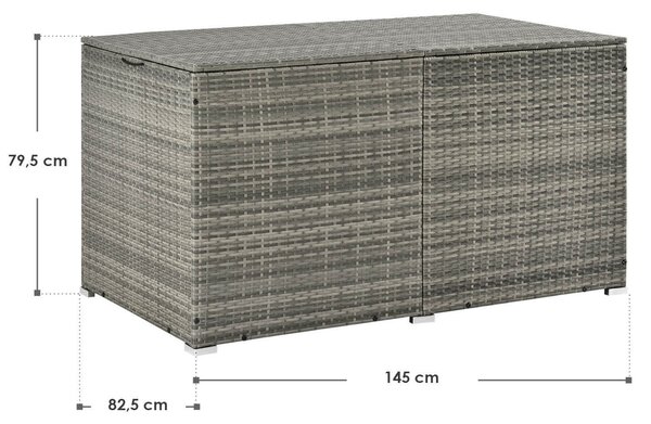 Contenitore in polyrattan Ikaria 200202, contenitore da giardino, 950 l, con coperchio e telo interno, per cuscini, grigio, 145 x 82,5 x 79,5 cm