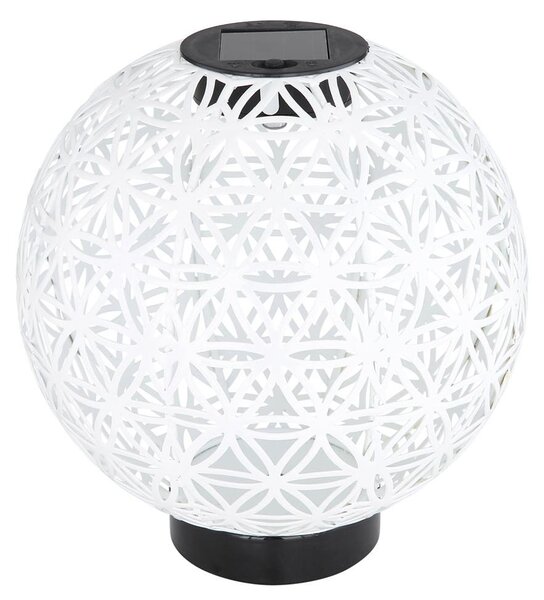 Lampada solare a LED, forma sferica, realizzata in cemento, colore bianco-grigio, con dettagli neri, diametro 20 cm