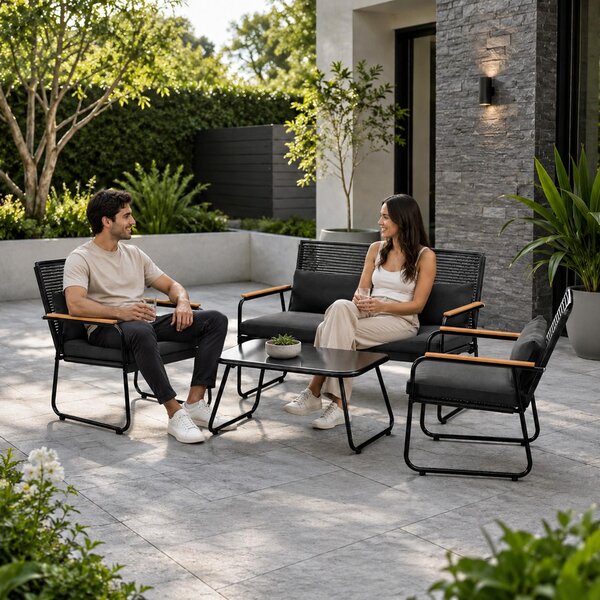 Set da giardino GARMIO® in polyrattan, 4 pezzi, resistente alle intemperie, per balcone, con panca e sedie, tavolo in vetro incluso, set da giardino per esterni, salottino da giardino per 4 persone