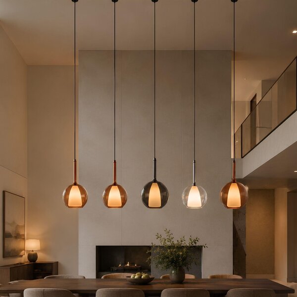 S.luce Belluna gallery lampada a sospensione in vetro 500cm con cavo tessile marrone Ø 24cm tondo
