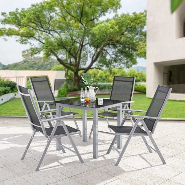 Set da giardino in alluminio Juskys Set da giardino Milano con tavolo e 4 sedie grigio argento con sedute in fibra sintetica nera Gruppo da balcone in alluminio