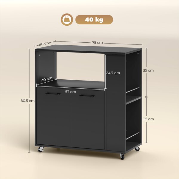 HOMCOM Carrello Cucina in Legno con Ripiano Aperto, Armadietto e Scaffale Laterale, 75x40x80.5 cm, Nero | Aosom Italy
