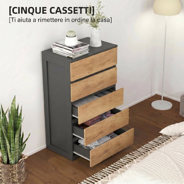 HOMCOM Cassettiera 5 Cassetti in Legno con Guide in Metallo e Maniglie Scanalate, 60x39x100 cm | Aosom Italy