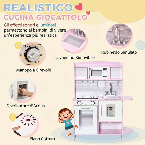 HOMCOM Cucina Giocattolo per Bambini con Fornelli, Luci e Suoni, Microonde, Età 3-6 Anni, Rosa | Aosom Italy