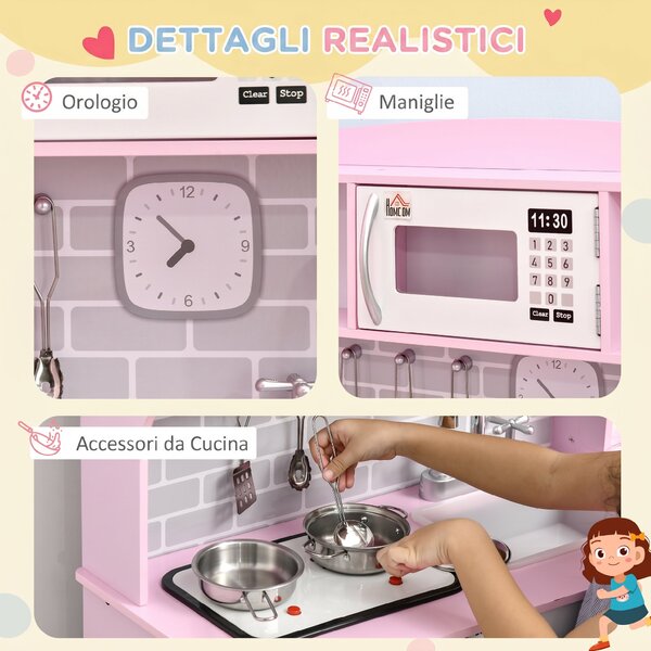 HOMCOM Cucina Giocattolo per Bambini con Fornelli, Luci e Suoni, Microonde, Età 3-6 Anni, Rosa | Aosom Italy