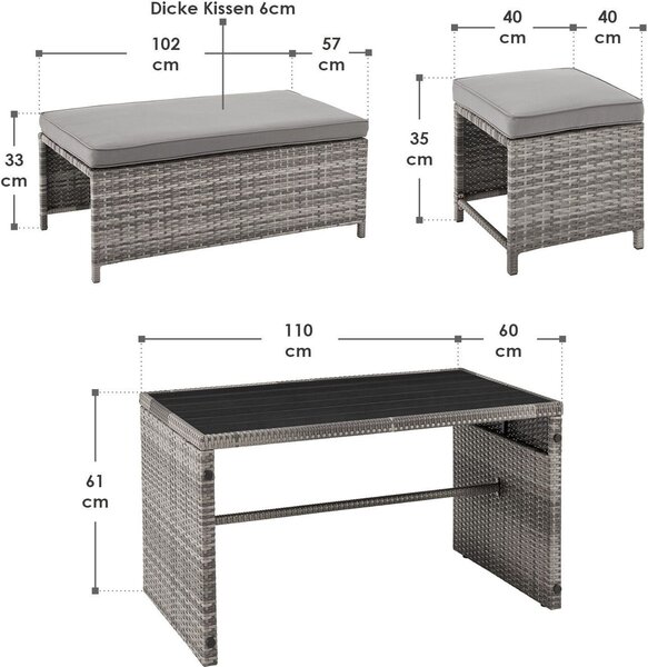 Juskys 2in1 set di mobili da giardino relax in polyrattan Jamaika - tavolo, divano lounge da giardino - gruppo di sedute per balcone, giardino - lounge da esterno grigio-mattato
