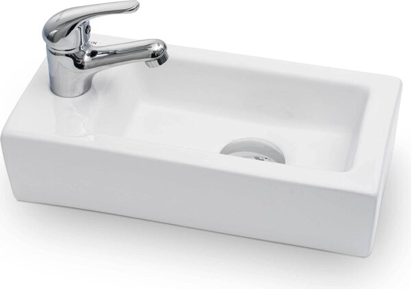 VILSTEIN lavabo a parete o da appoggio WC ospiti | mini lavabo piccolo | lavabo in Vetroceramica piccolo | 36,5x18x9 cm | foro per rubinetto a sinistra