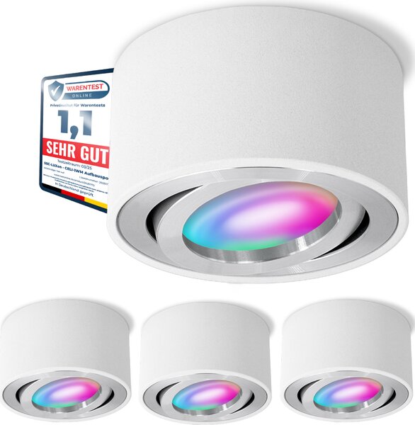 SSC-LUXon set di 4 faretti da superficie CELI-1WM bianco piatto orientabili con WiFi LED RGB+ Smart - faretti da soffitto compatibili con Alexa, Siri e Google