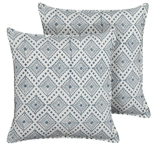 Set di 2 cuscini cotone blu e bianco 45 x 45 cm stampa a mano rivestimenti sfoderabili cerniera motivo orientale Beliani