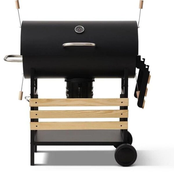 COOKINGBOX Mike, barbecue a carbone con coperchio, superficie di cottura 71 x 35 cm, adatto per fino a 12 persone, colore nero, dimensioni 142 x 57 x 112 cm