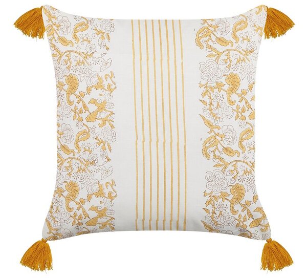 Cuscino decorativo giallo e bianco 45 x 45 cm stampa a mano rivestimenti sfoderabili cerniera motivo floreale Beliani