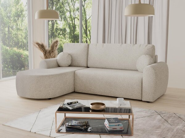 Divano ad angolo Jazz con funzione letto e contenitore - Tessuto bouclé - Divano a L, divano imbottito, divano letto, set divano, divano letto (Beige (Coral 65), divano ad angolo con apertura a sinistra)