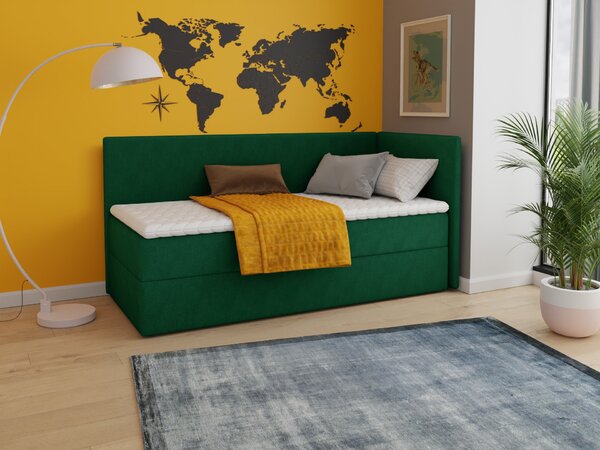Letto boxspring Flame con contenitore - Letto singolo con materasso Bonell e topper, letto imbottito, sponda universale, letto, camera da letto, cameretta (Verde (Kronos 19), 100 x 200 cm)
