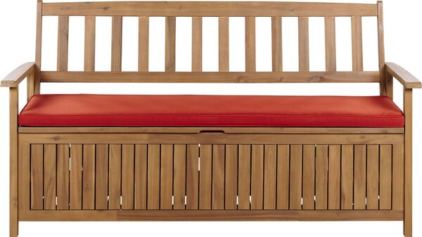 BELIANI Panca da giardino in legno di acacia 160 cm con cuscino rosso 3 posti stile rustico esterno