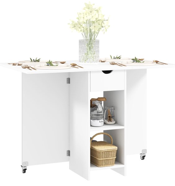 HOMCOM Tavolo Pieghevole per 2-4 Persone, Tavolo da Cucina Pieghevole con Spazio di Archiviazione, Tavolo Espandibile su Ruote, Bianco