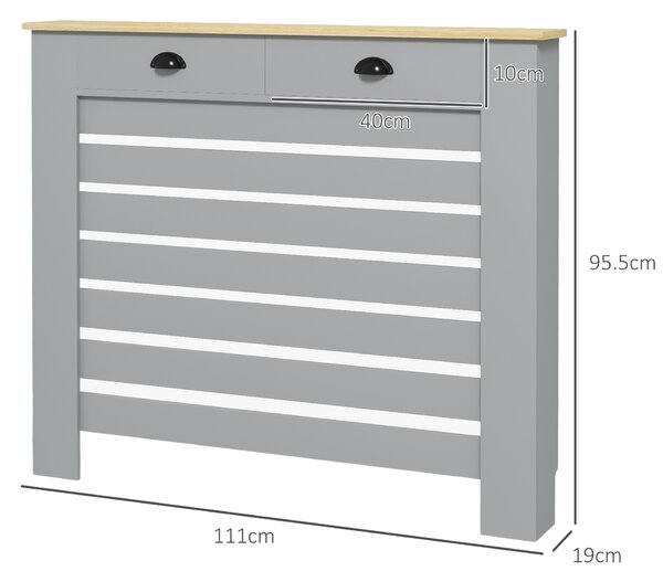HOMCOM Copritermosifone in MDF a Doghe, Copricalorifero a Griglia con 2 Cassetti, 111x19x95.5 cm, Grigio | Aosom Italy