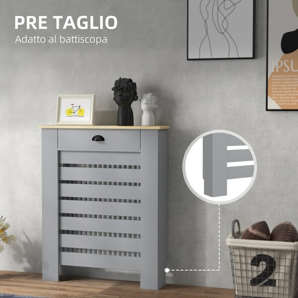 HOMCOM Copritermosifone in MDF a Doghe, Copricalorifero a Griglia con Cassetto, 78x19x95.5 cm, Grigio | Aosom Italy