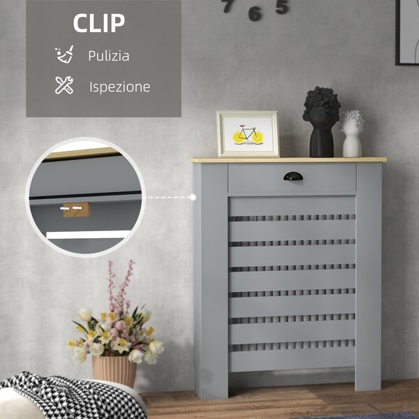 HOMCOM Copritermosifone in MDF a Doghe, Copricalorifero a Griglia con Cassetto, 78x19x95.5 cm, Grigio | Aosom Italy